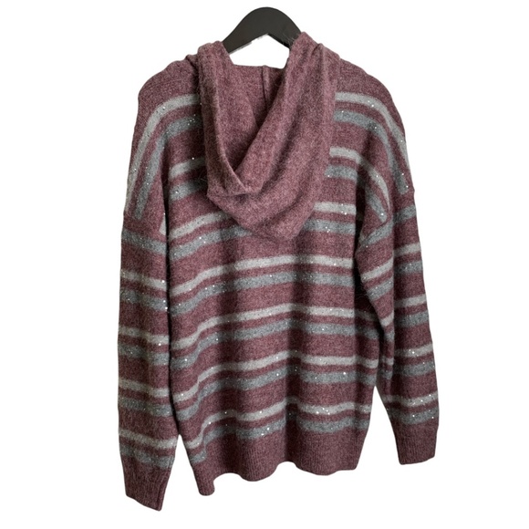 Nine West Womens Sweater with Hoodie Size XL Stripes with Sparkles SOFT V Neck - Picture 2 of 8